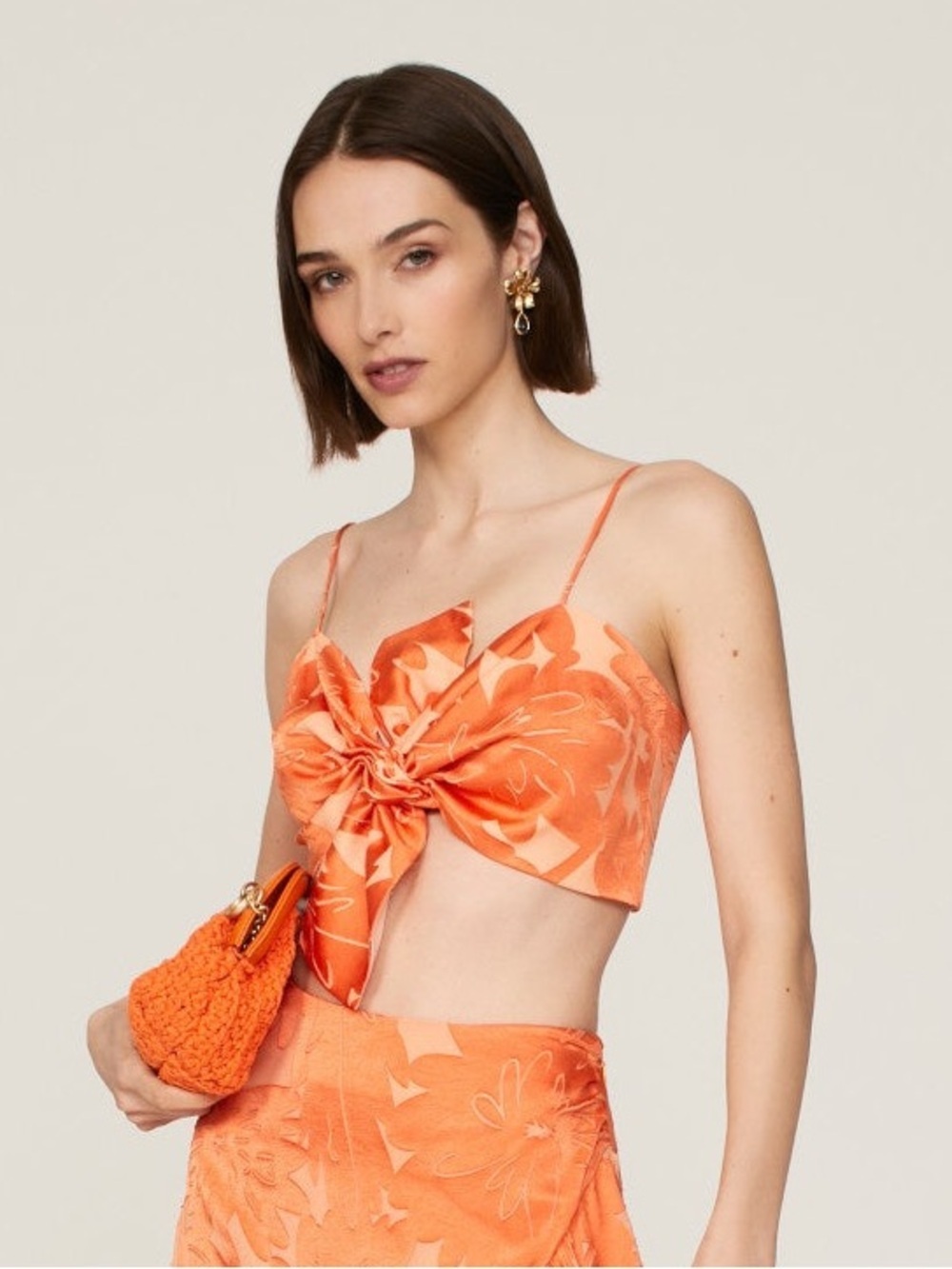 Ramy Brook Orange Satin Twisted Front Crop Top